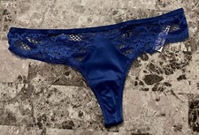 NWT VICTORIA'S SECRET BLUE SATIN SMOOTH LACE NETTED STRAPPY BACK THONG PANTIES
