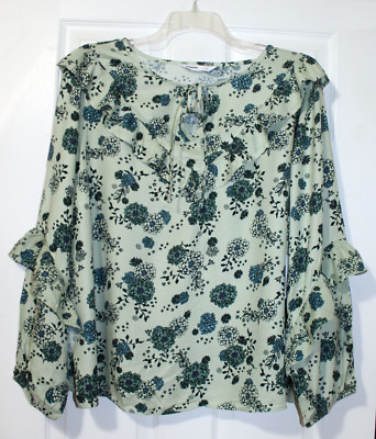 Sonoma 2X Plus Green Floral Print Ruffled Blouse Shirt NWT