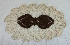 Vintage Oval Hand Crocheted Doily, Cotton, Light Beige & Brown, Pineapple Design