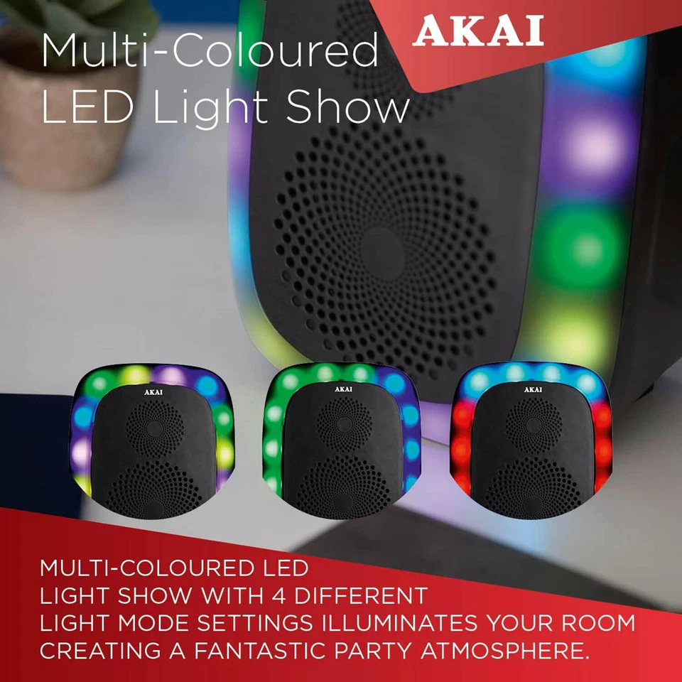 Bluetooth Party Speaker LED Square Wireless Connectivity Portable Akai 10W Black - Image 3 of 4
