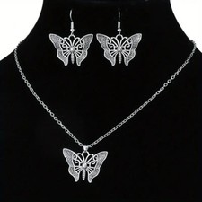 3 PCS Fashion Women Silvery Butterfly Earrings Pendant Necklace Jewelry Gift Set