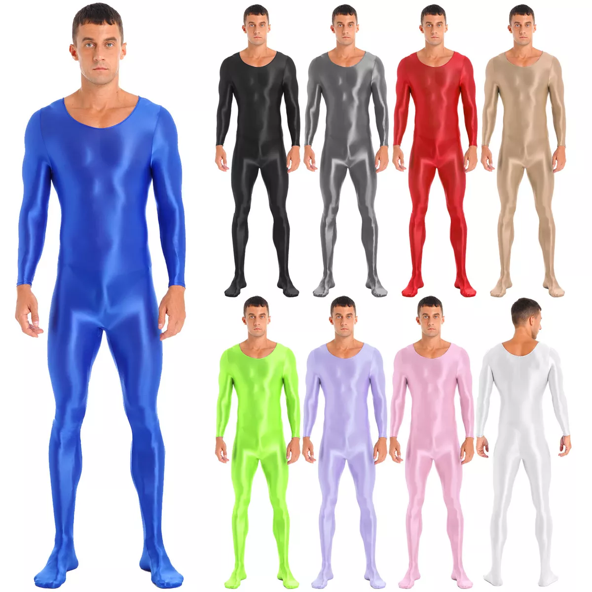 Mens Oil Glossy Full Body Skin-Tight Bodysuit Costume Lingerie Unitard  Jumpsuit