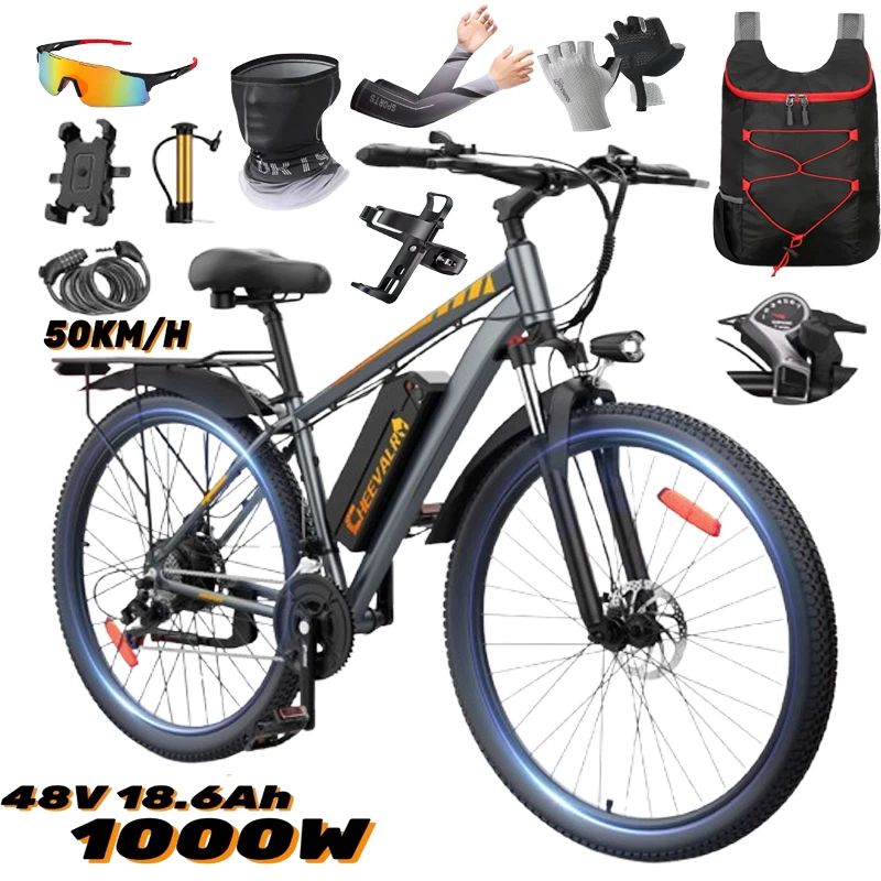 CHEEVALRY Bicicletta Elettrica 1000W 29 Pollici Uomo 48V 18,6AH 50KM/H E-Mountain Bike 21 Velocità 90KM
