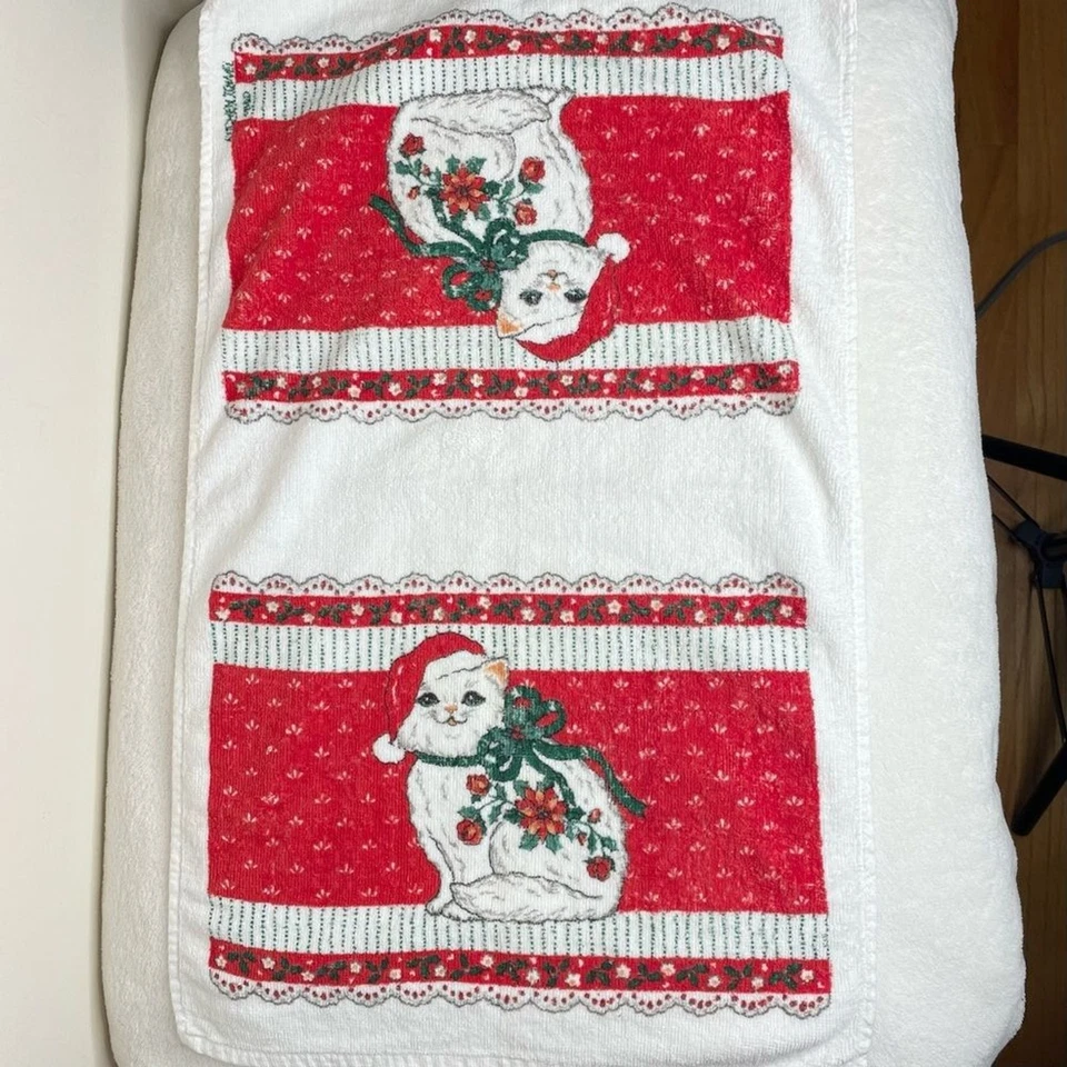Hand Towels Set of Two Christmas Holiday Cat Santa Hat Poinsettia Holly Cotton - Image 4 of 4