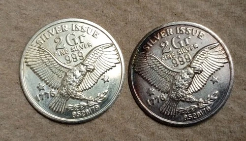 Lot of 2 Vintage SILVER ISSUE EAGLE 2 GRAM  .999 SILVER ROUNDS .