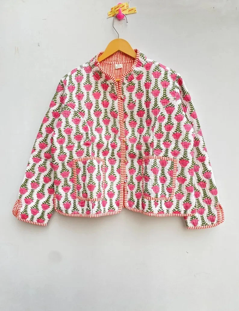 Indian Pink Floral 100% Cotton Quilted Unisex Jacket Women's Clothing Jacket AU