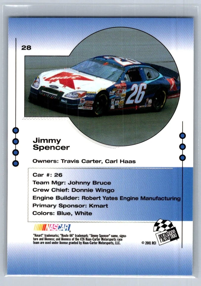 💎2001 Press Pass Trackside Racing #28 Jimmy Spencer 💎 - Image 2 of 2