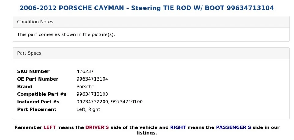 2006-2012 PORSCHE CAYMAN - Gravata de direção com bota 99634713104 - Imagem 4 de 4