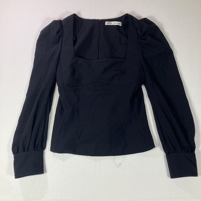 Zara Voluminous Puff Sleeves Long Sleeve Square Neck Top Size S Small Black