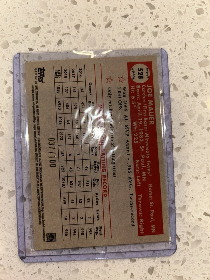 2021 Topps Chrome Platinum Anniversary - Joe Mauer#528 Red Atomic Refractor /100 - Image 2 of 2