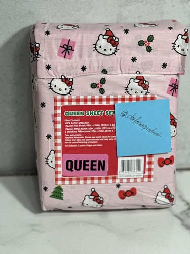 HELLO KITTY Holiday Christmas Tree Mistletoe Presents Snow Pink Queen Sheet Set - 第 7/9 張圖片
