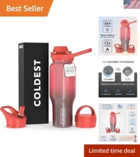 Coldest Sports Water Bottle - 3 in 1 Lids Chug, Straw, Handle - Insulated Sta...