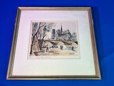 Litografía firmada acuarela vintage Franz Herbelot "París - Notre Dame"