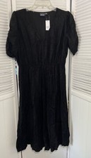 Gap Womens Petite M Black Ruched Short Sleeve Midi V-neck Wrap Dress NWT 