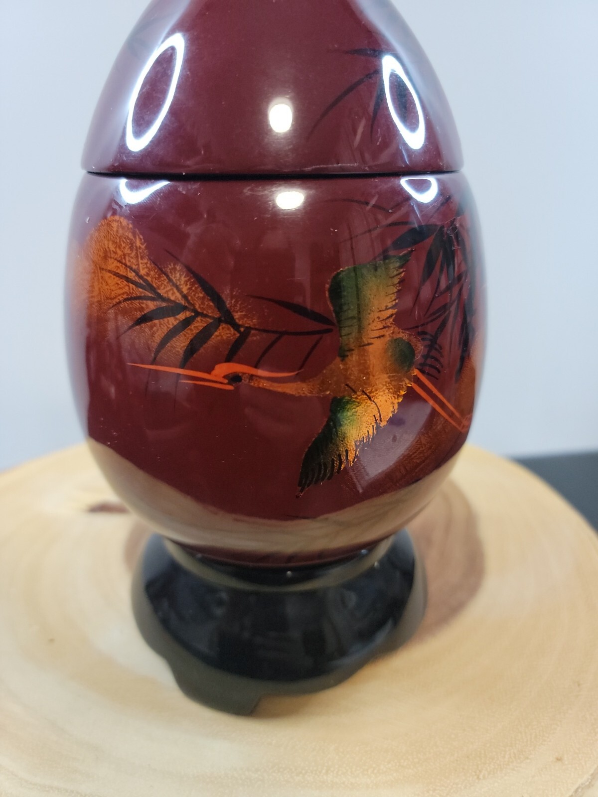 Vietnam Brown Enamel Art Deco Egg Vase Birds The Vaase W/ lid