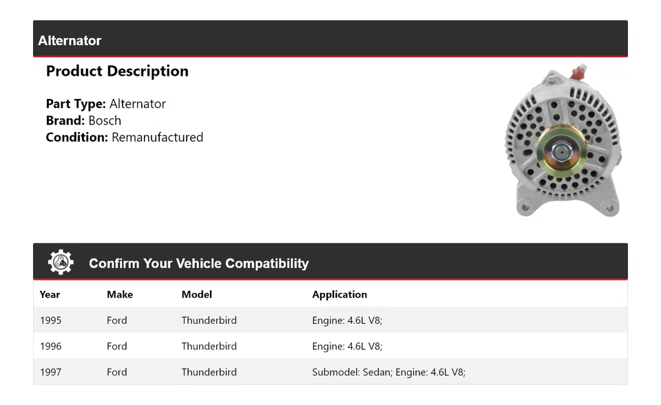 Alternador Bosch para Ford Thunderbird 1995-1997 4,6 L V8 (remanufacturado) 1996 Foto 2 de 4
