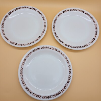Vintage Anchor Hocking Dinner Plates 3 Brown Copper Filigree Milk Glass #959