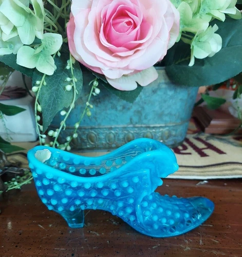 Vintage  Fenton Glass Hobnail Aqua Teal Blue Glass Slipper Shoe Cat Head