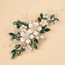 Crystal Bride Wedding Hair Comb Vintage Green Flower Rhinestones Side Comb Sh...