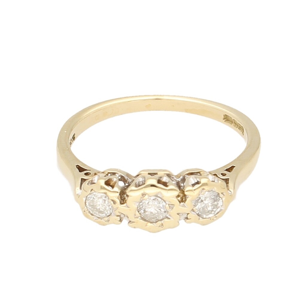 Vintage 9Carat Yellow Gold 0.25ct Diamond Three-Stone Ring (Size M 1/2) 14x5mm