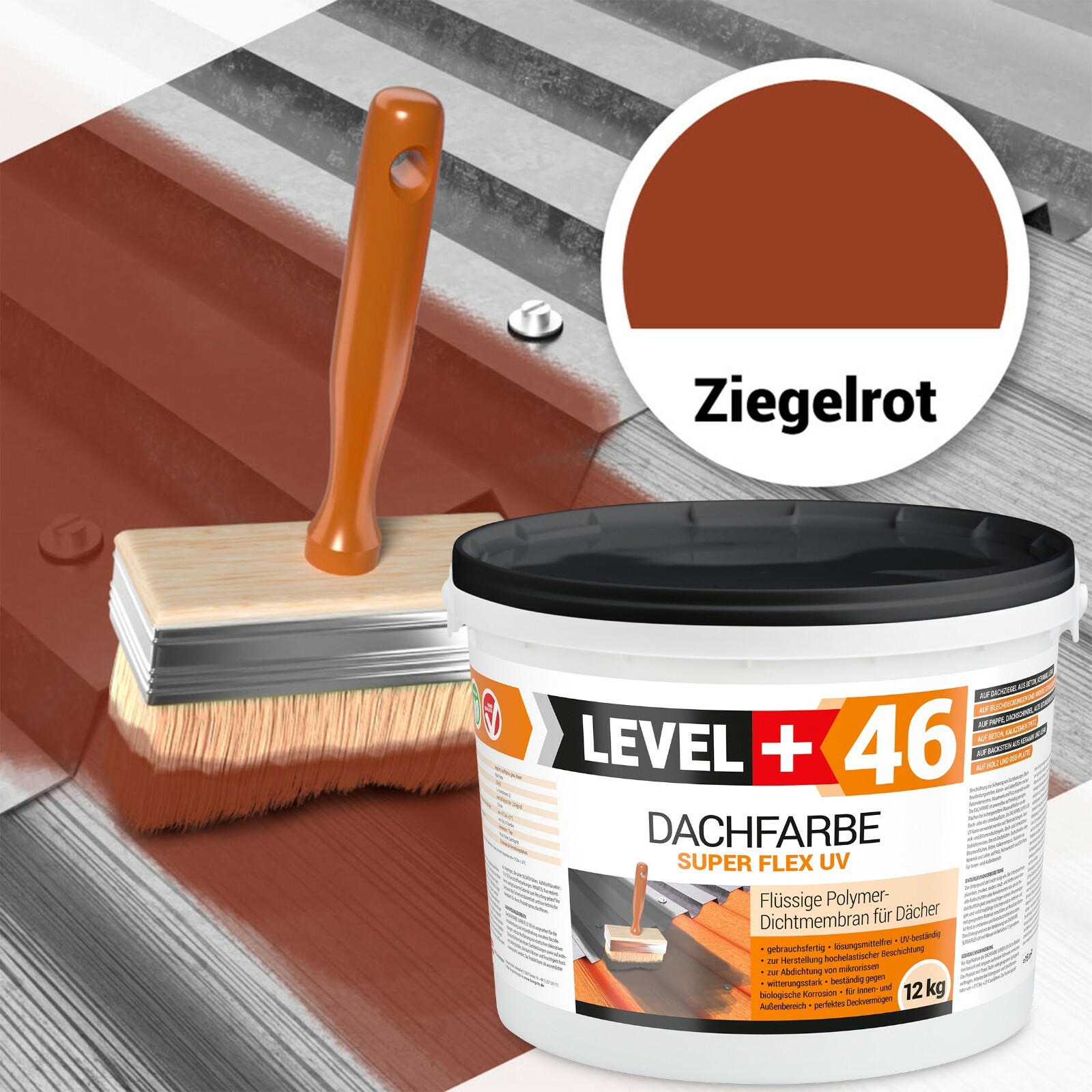 Level+46 Dachfarbe – 12 Kg, Ziegelrot, Flexible Polymermembran, Wetterbeständig & Hochdeckend, Für Dachsanierung