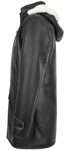 Mens Real Sheepskin Duffle Coat 3/4 Length Hooded Shearling Vincent Black - Picture 5 of 7