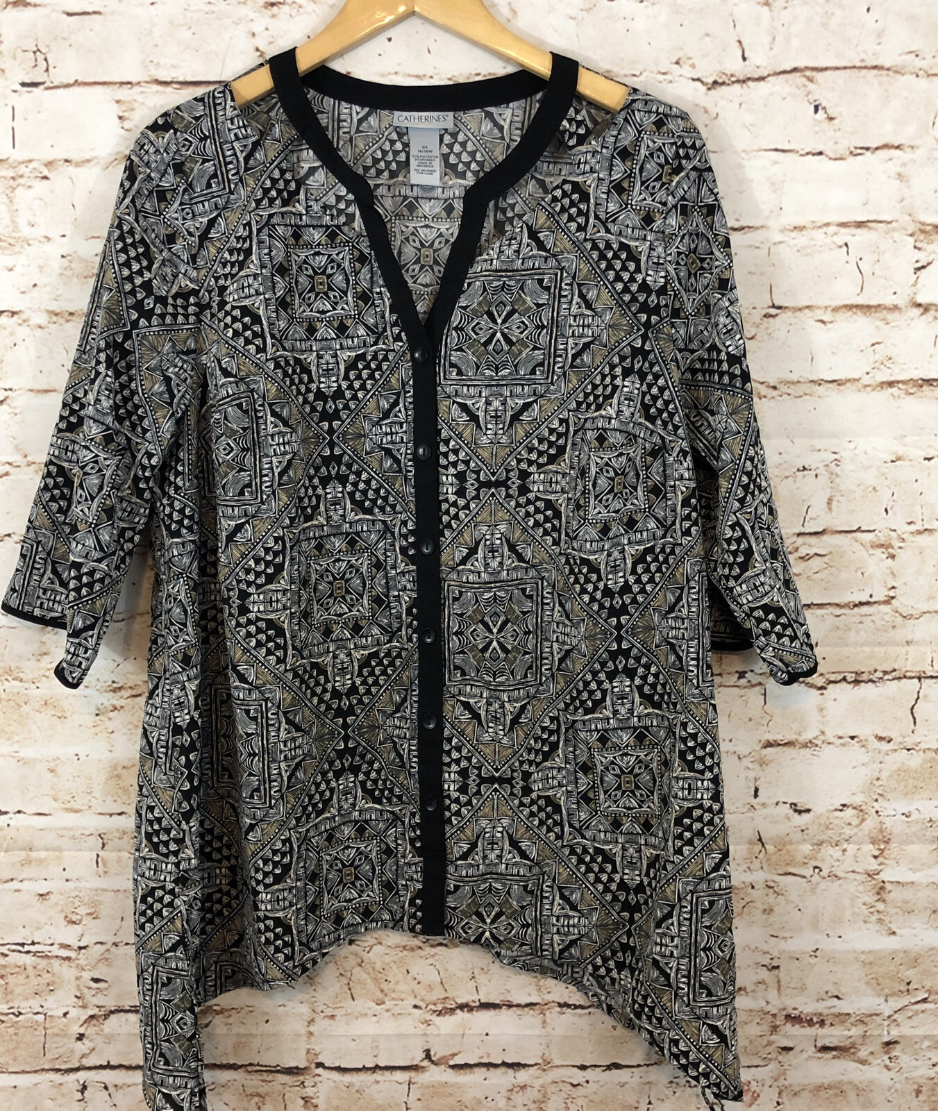 Blusa Catherines Mujer 0X Túnica Top Recorte Botón Negro Dobladillo Asimétrico