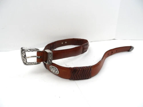 Leather Concho Belt Men's Brown Silver Buckle Western Cowboy Full Grain-Size 34
