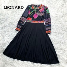Leonard Black Floral Midi A Line Silk Blend Dress M Auth