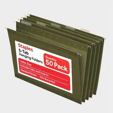 Staples Hanging File Folders, Letter Size, 1/5  Cut Tabs, Standard Green,