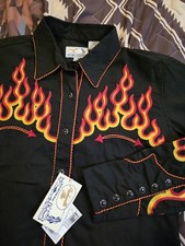 Panhandle Slim Womens Flame Embroidered Western Pearl Snap Black Size Medium NWT