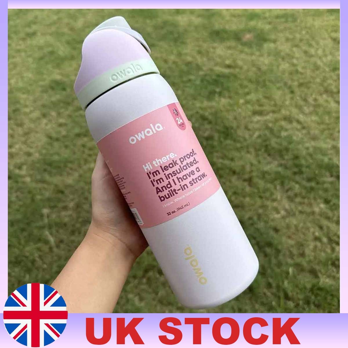 32 oz Owala FreeSip Candy Coated Stainless Steel Water Bottle Flip Top Pink Gray