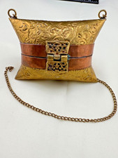 Vintage Brass  Copper Ornate Metal Pillow Purse Blue Velvet Lining