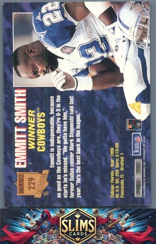 1995 Pinnacle Club Collection Dallas Cowboys Emmitt Smith #229 - Image 2 of 2