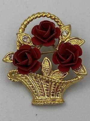 Beautiful BROOCH Rhinestones & DARK Red ROSES In A GOLD Toned BASKET