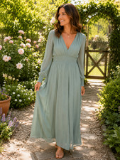Baltic Born Size XL Sage Green Smocked Waist Sheer Sleeve Chiffon Maxi Dress
