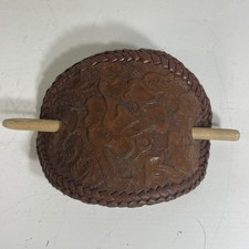 Vintage Hand Made Leather Oval Barrette with Floral Design Wooden Stick