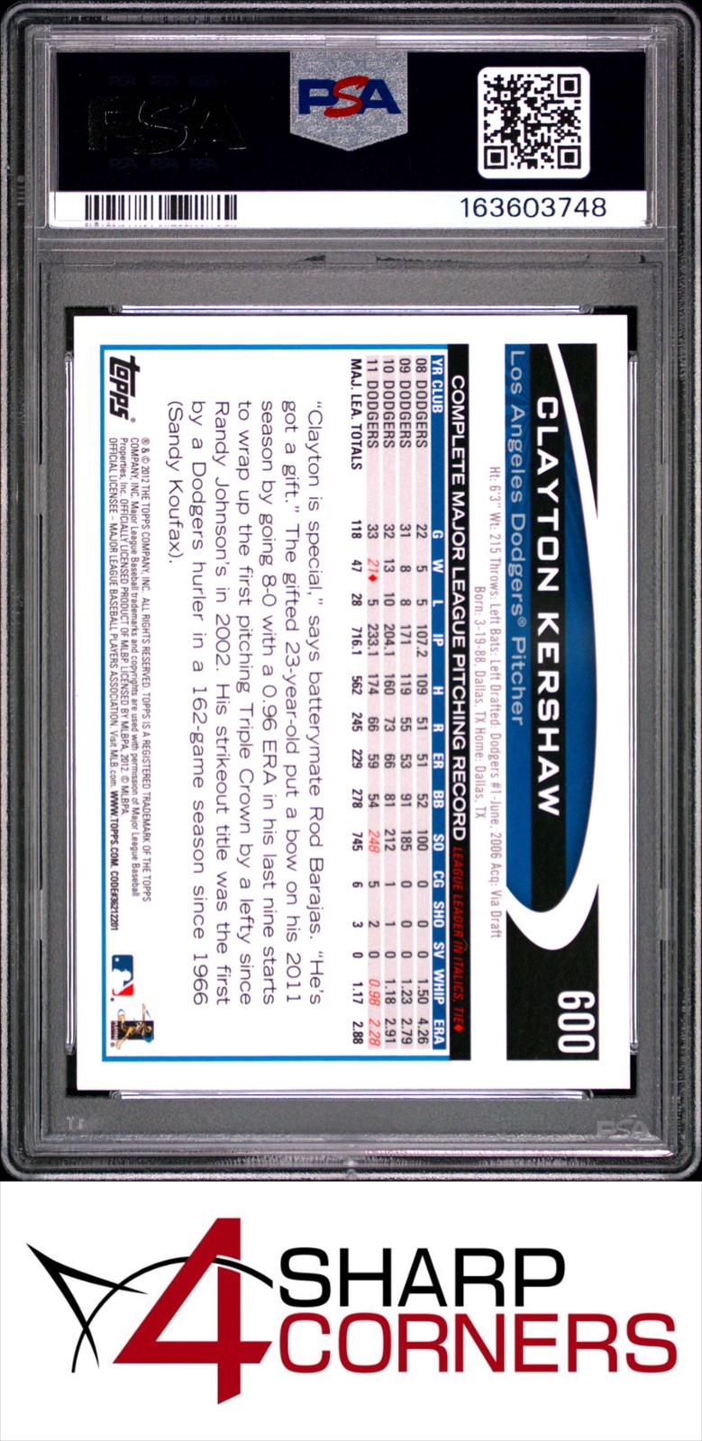 2012 TOPPS #600 CLAYTON KERSHAW DODGERS PSA 10 view 2