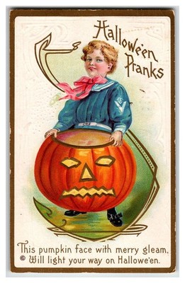 Vintage Halloween Pranks Divided Back Postcard with Pumpkin Costume