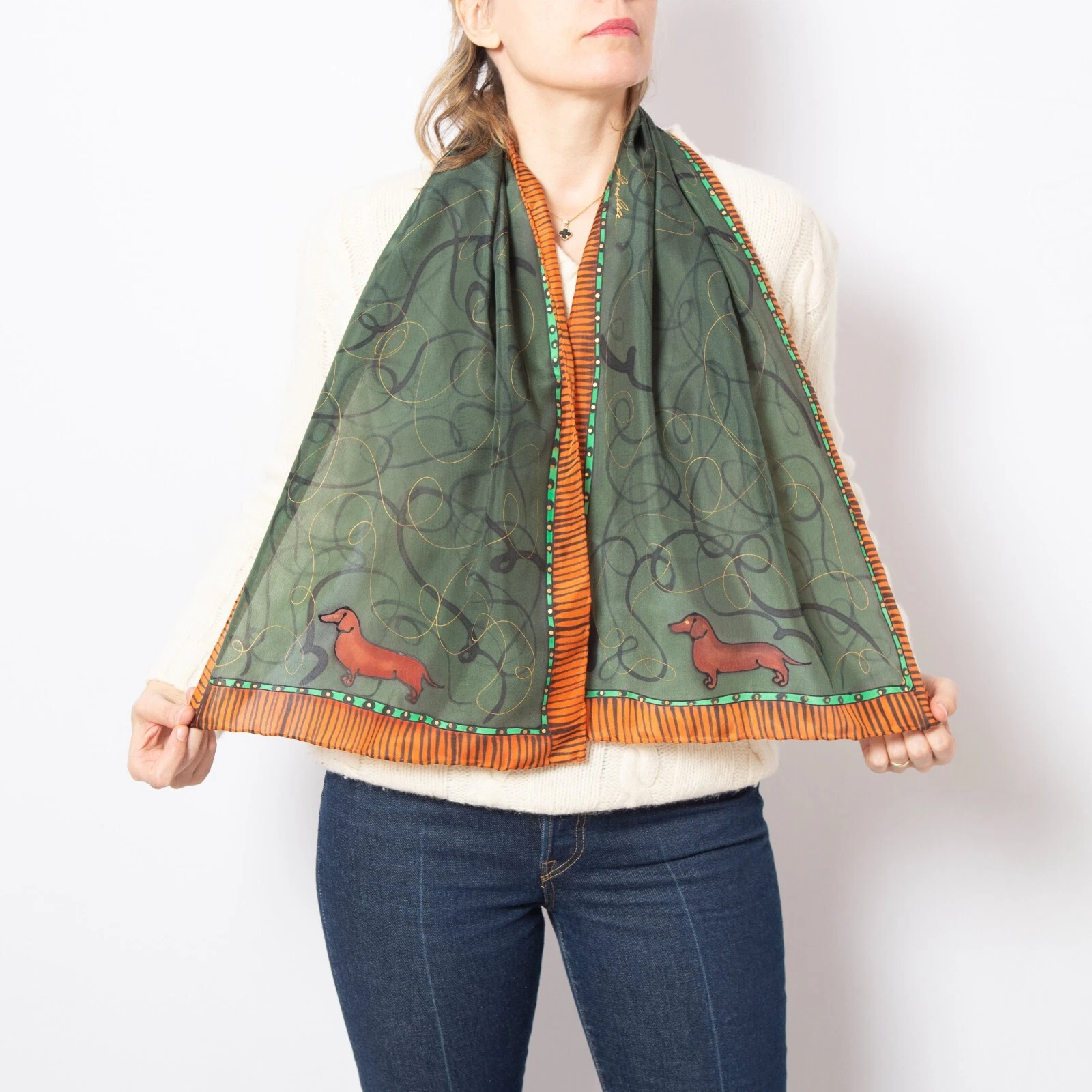 Dachshund Hand Painted Green Silk Scarf Dachshund Dog Scarf Dog Lover Gift 54X14