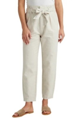 Thread & Supply Women's Ecru Belted Paper Bag Belt Straight Neutral Pants Size L