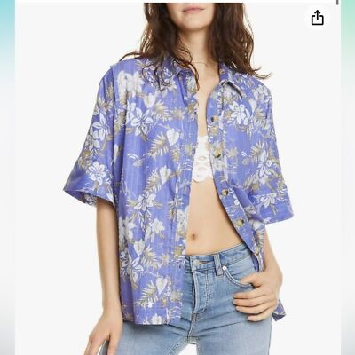 We The Free - Love Letters Cotton Hi-Low Button-Down Top - Periwinkle Combo - M