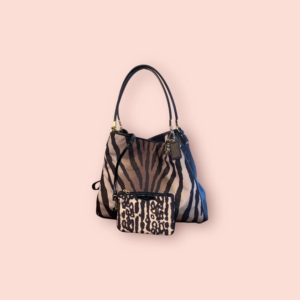 COACH Madison Zebra Phoebe Luxury Designer Brown Tote Shoulder Bag + Wristlet