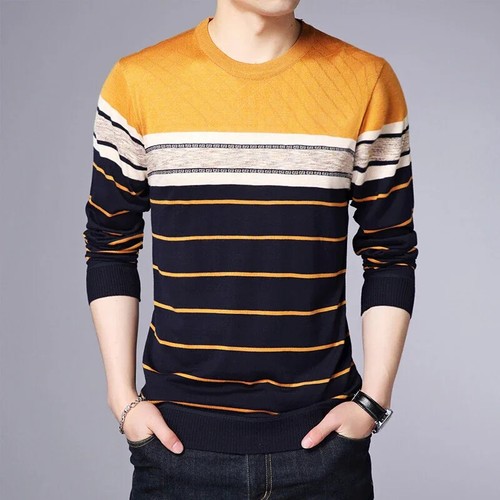 New Men's Casual Fashion Long Sleeve Striped Knitted Shirt Breathable and - Picture 16 of 27