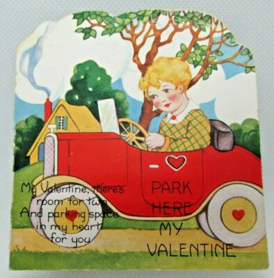 Vintage Valentine Greeting Card Car Automobile Park Here Parking Space My Heart