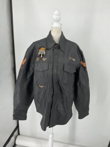 Vtg Men Hot Leathers Motorcycle Biker Jacket/shirt Lrg Leather Harley Patch,pins - Picture 1 of 18