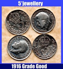 real silver 3d Three Pence coins George 5th threepence 1911- 1922 Grade G to UNC