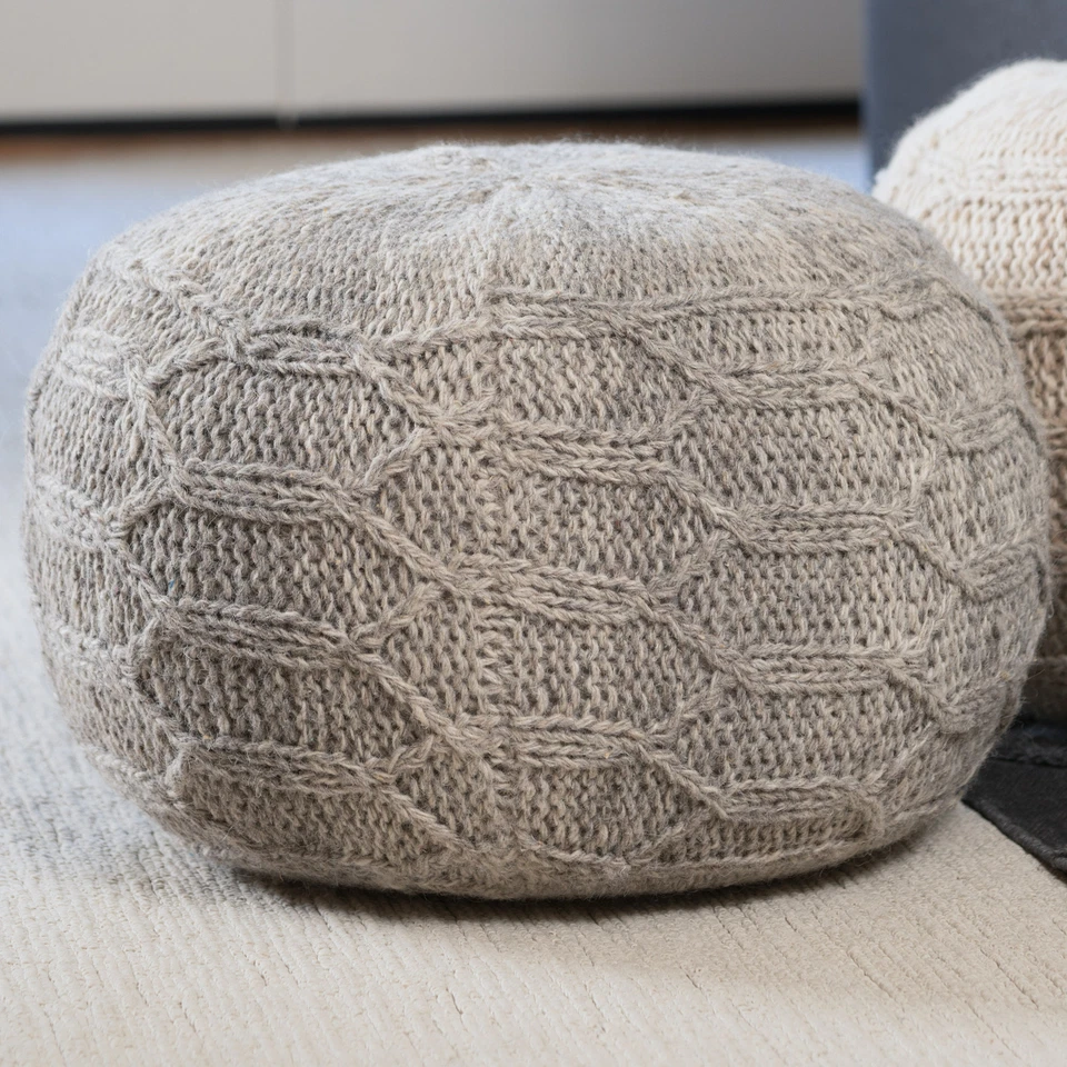 Boho Handmade Fabric Knit Stitch Round Pouf - Image 3 of 4