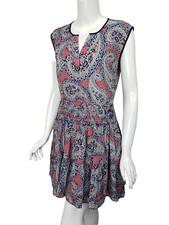 J CREW Navy Pink White Paisley Print Silk Smocked Waist Dress sz 4 F0898