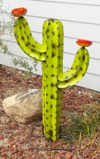 METAL YARD ART 38" SAGUARO CACTUS SCULPTUREL GREEN W FLOWERS